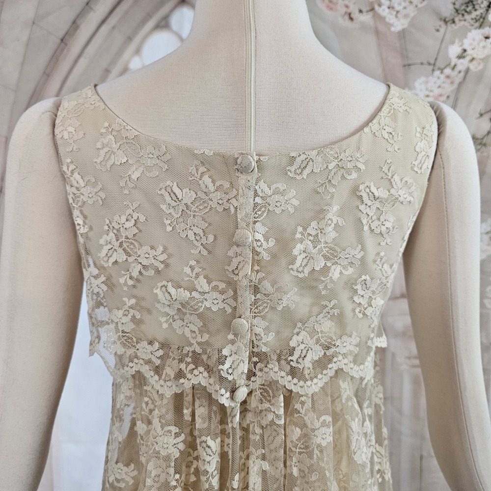 Vintage 1960's Dress Shift Beige Lace Overlay Empire Waist Mod Formal - Picture 14 of 14